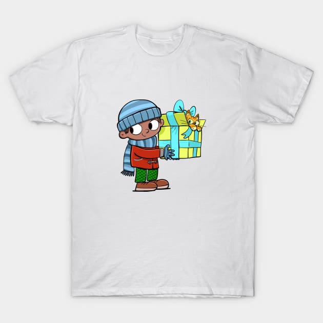 boy is holding a gift with a cat peeking out from it T-Shirt by duxpavlic